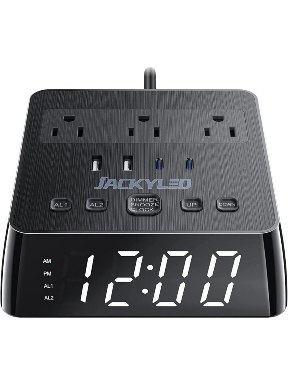 JACKYLED Alarm Clock with 4 USB Chargers, Power Strip 3 Outlets, 1700J